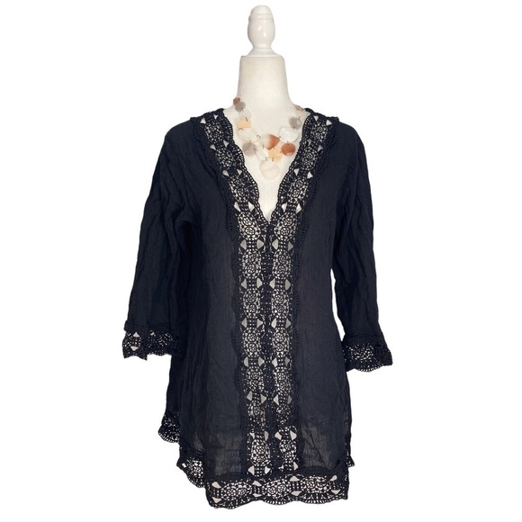 La Blanca Deep V Neck Lace Trim Semi Sheer Coverup - Picture 1 of 5